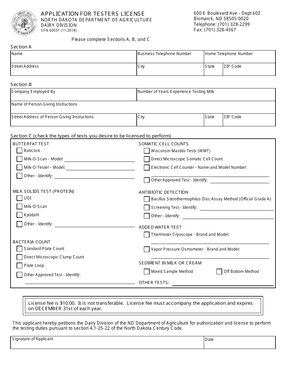 Form SFN60031 Application for Testers License - North Dakota, Page 1