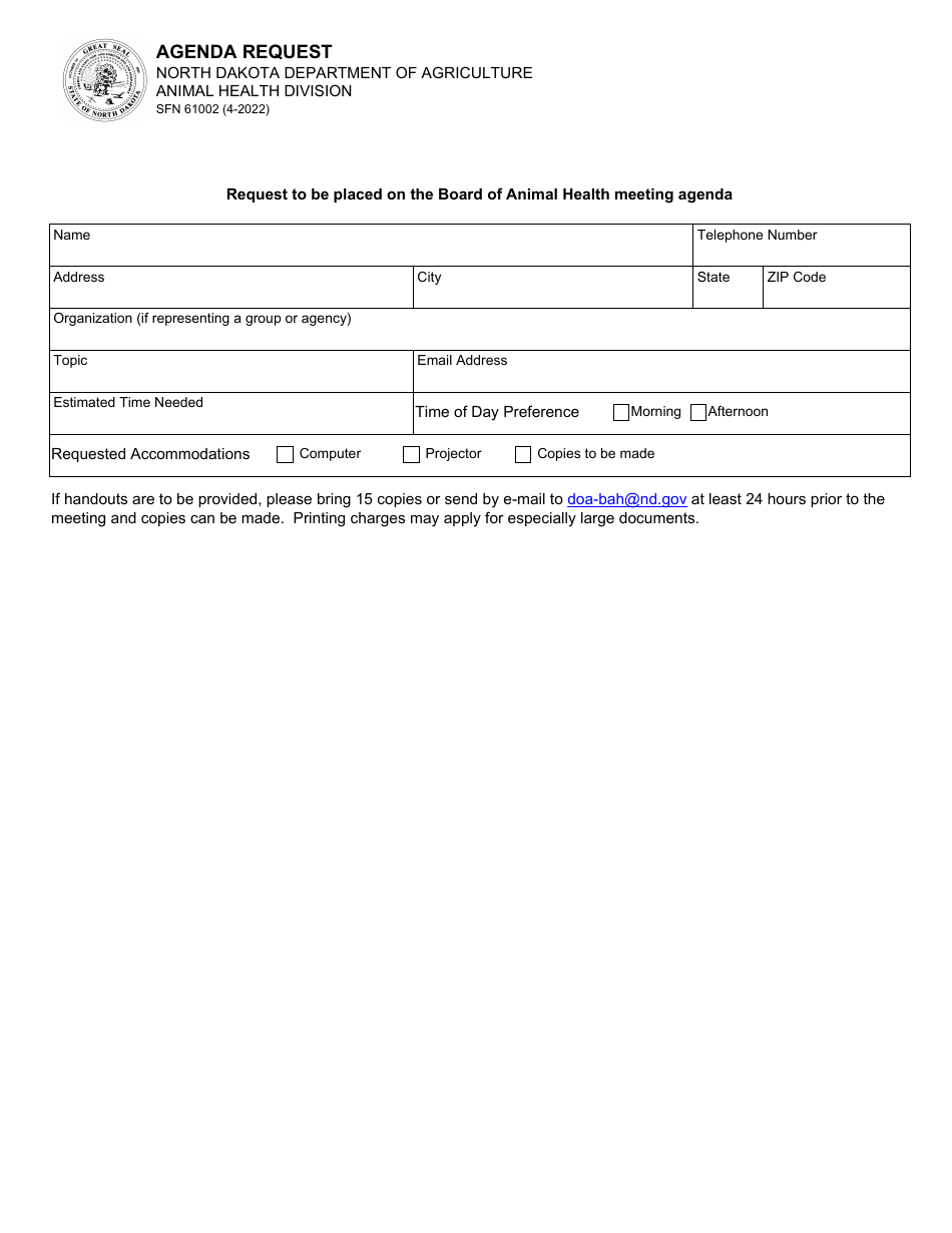 Form SFN61002 Agenda Request - North Dakota, Page 1