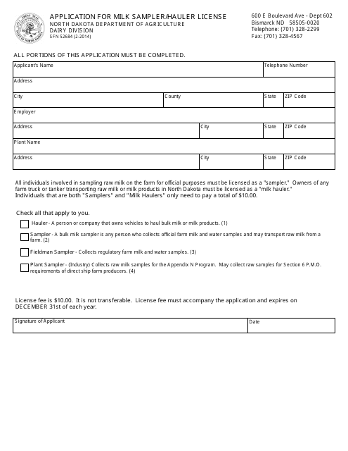 Form SFN52684 Application for Milk Sampler/Hauler License - North Dakota