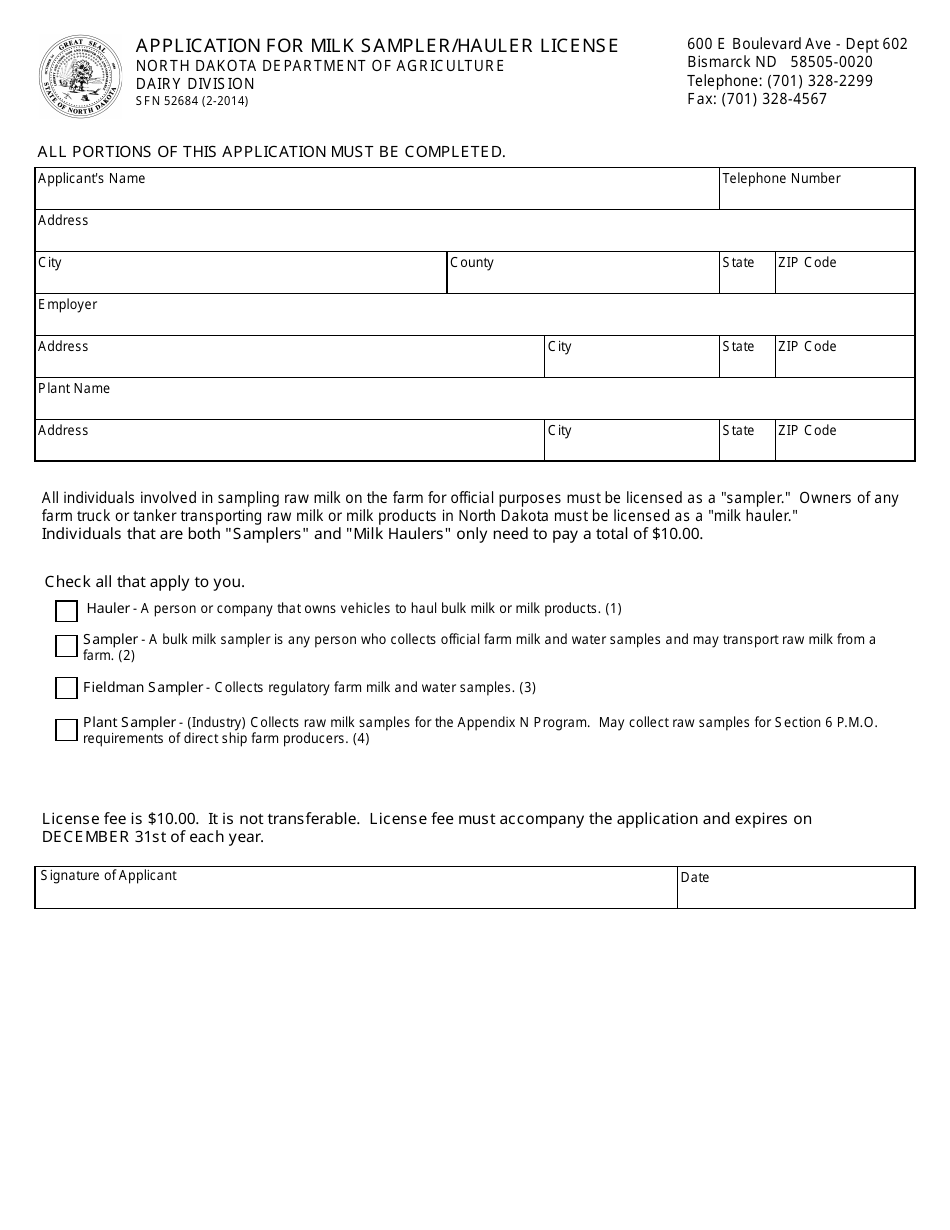 Form SFN52684 Application for Milk Sampler / Hauler License - North Dakota, Page 1