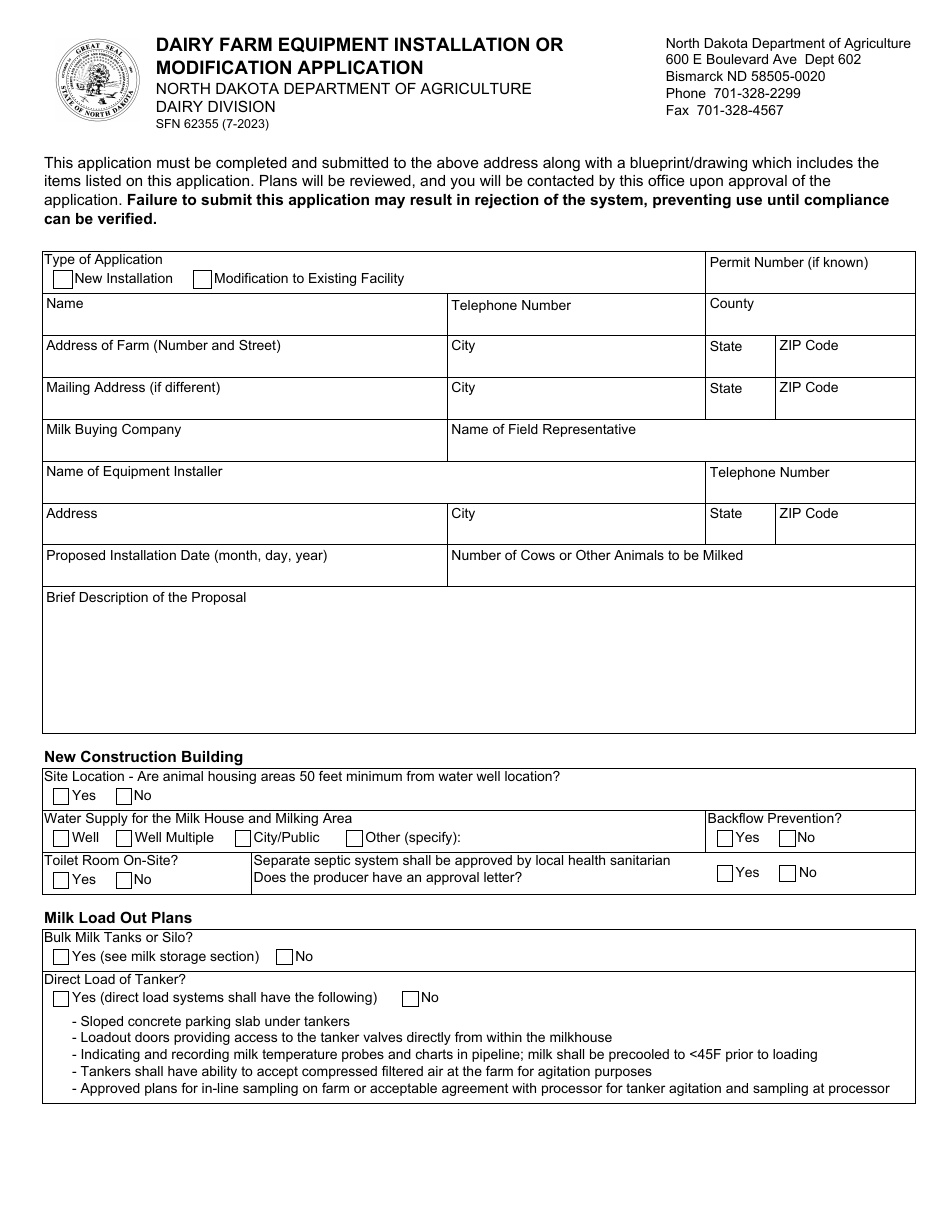 Form SFN62355 Dairy Farm Equipment Installation or Modification Application - North Dakota, Page 1