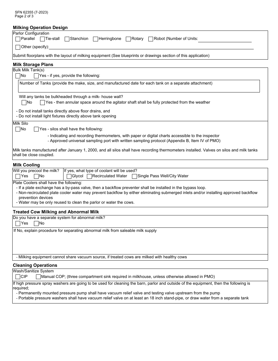 Form SFN62355 Dairy Farm Equipment Installation or Modification Application - North Dakota, Page 2