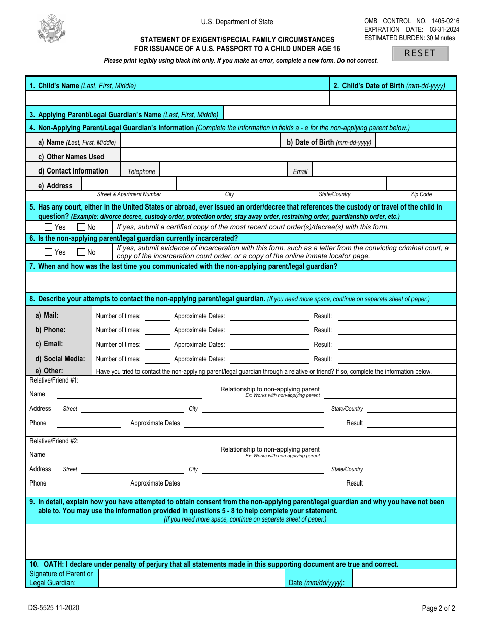 Form DS-5525 Statement of Exigent / Special Family Circumstances for Issuance of a U.S. Passport to a Child Under Age 16, Page 2