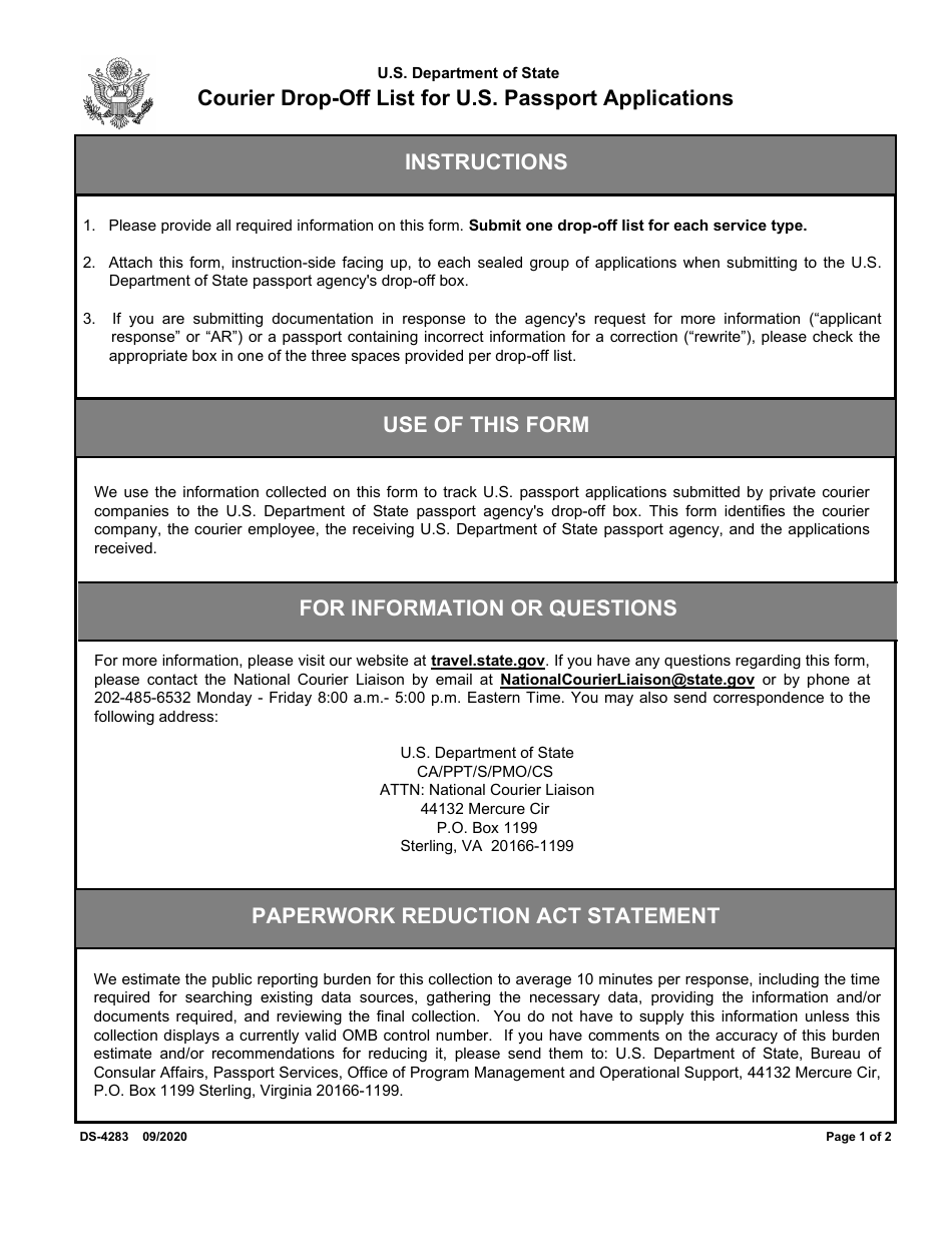 Form DS-4283 Courier Drop-Off List for U.S. Passport Applications, Page 1