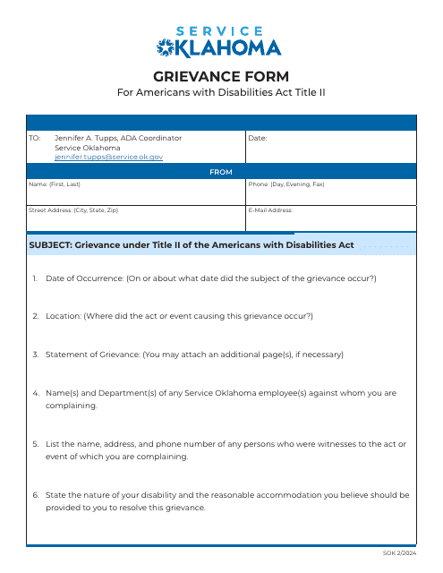 Grievance Form for Americans With Disabilities Act Title Ii - Oklahoma Download Pdf