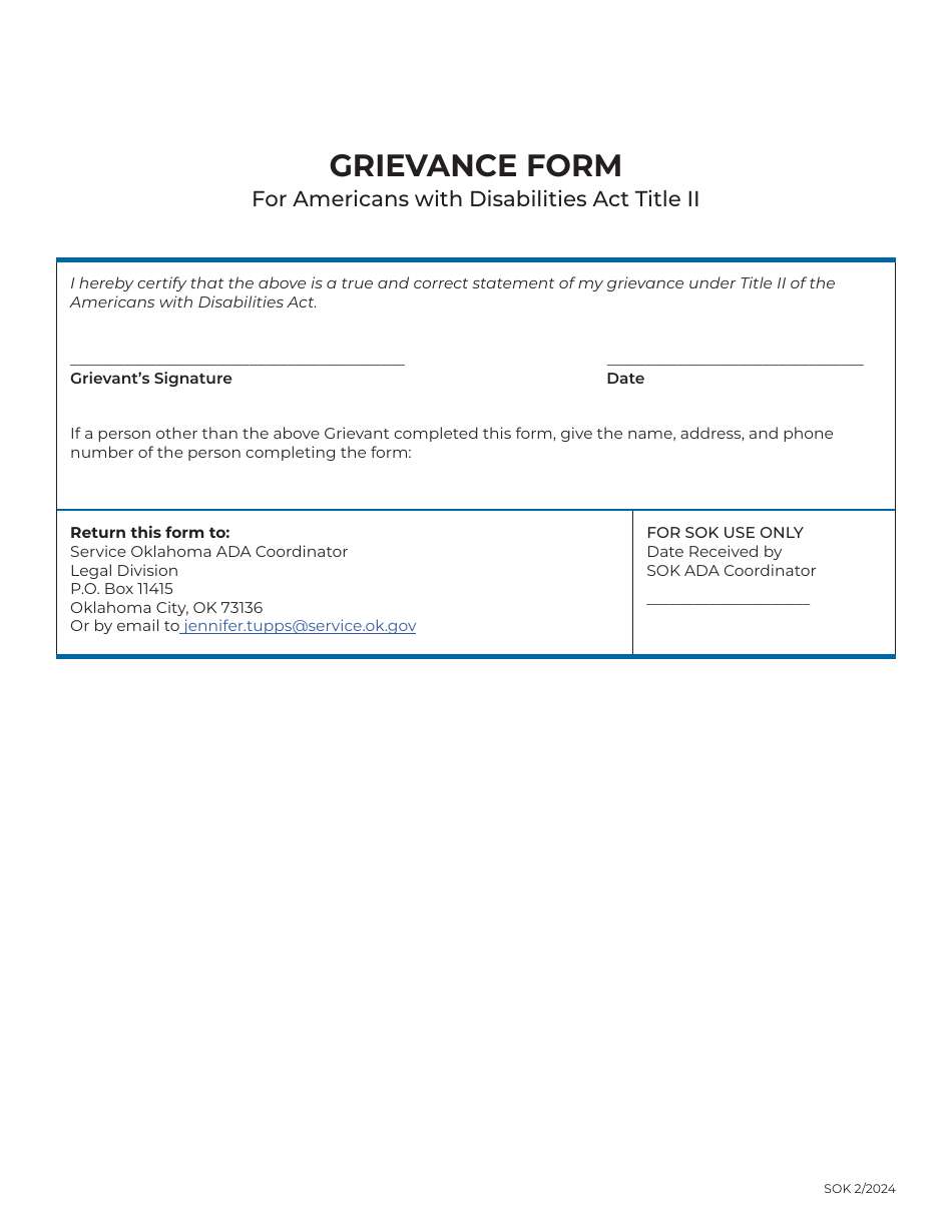 Grievance Form for Americans With Disabilities Act Title Ii - Oklahoma, Page 2