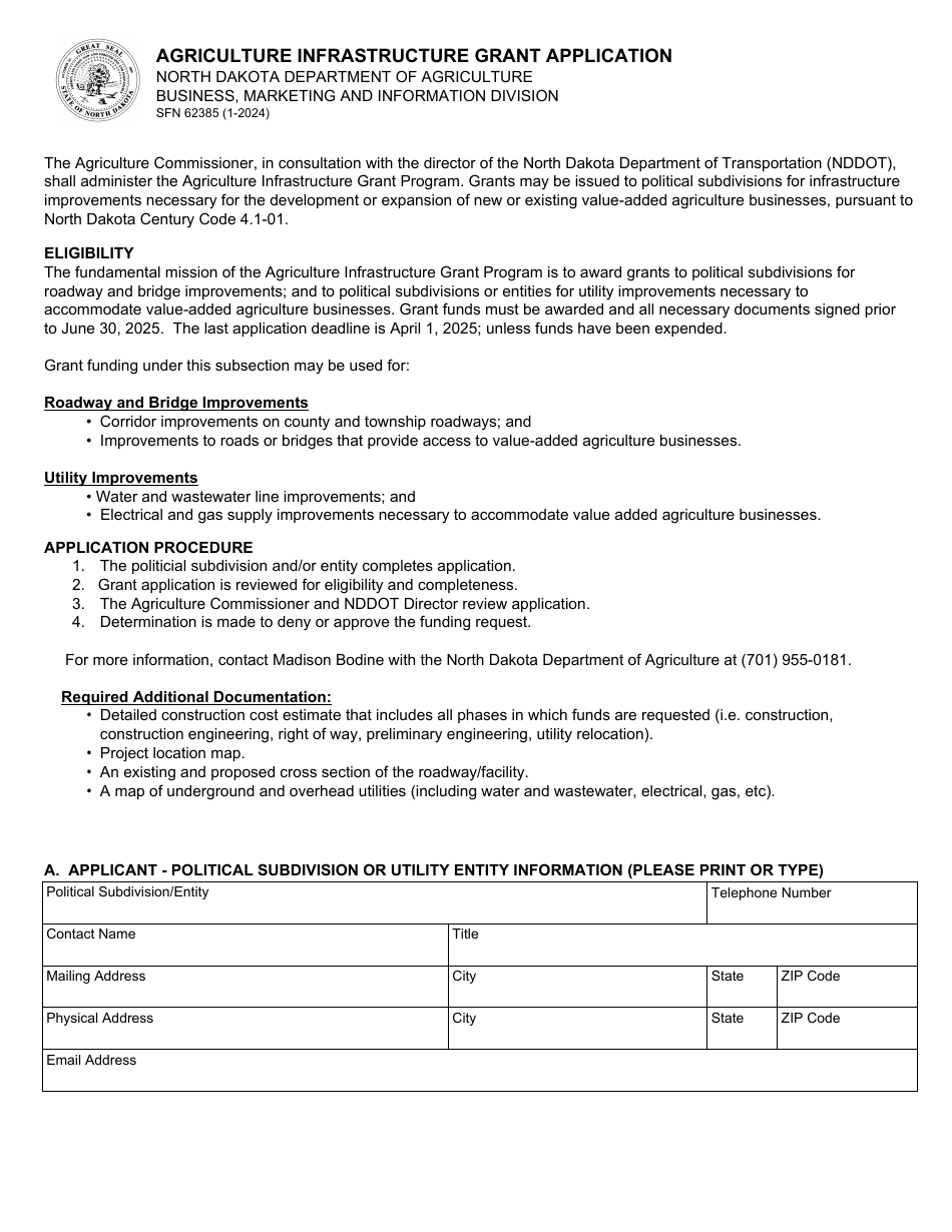 Form SFN62385 Agriculture Infrastructure Grant Application - North Dakota, Page 1