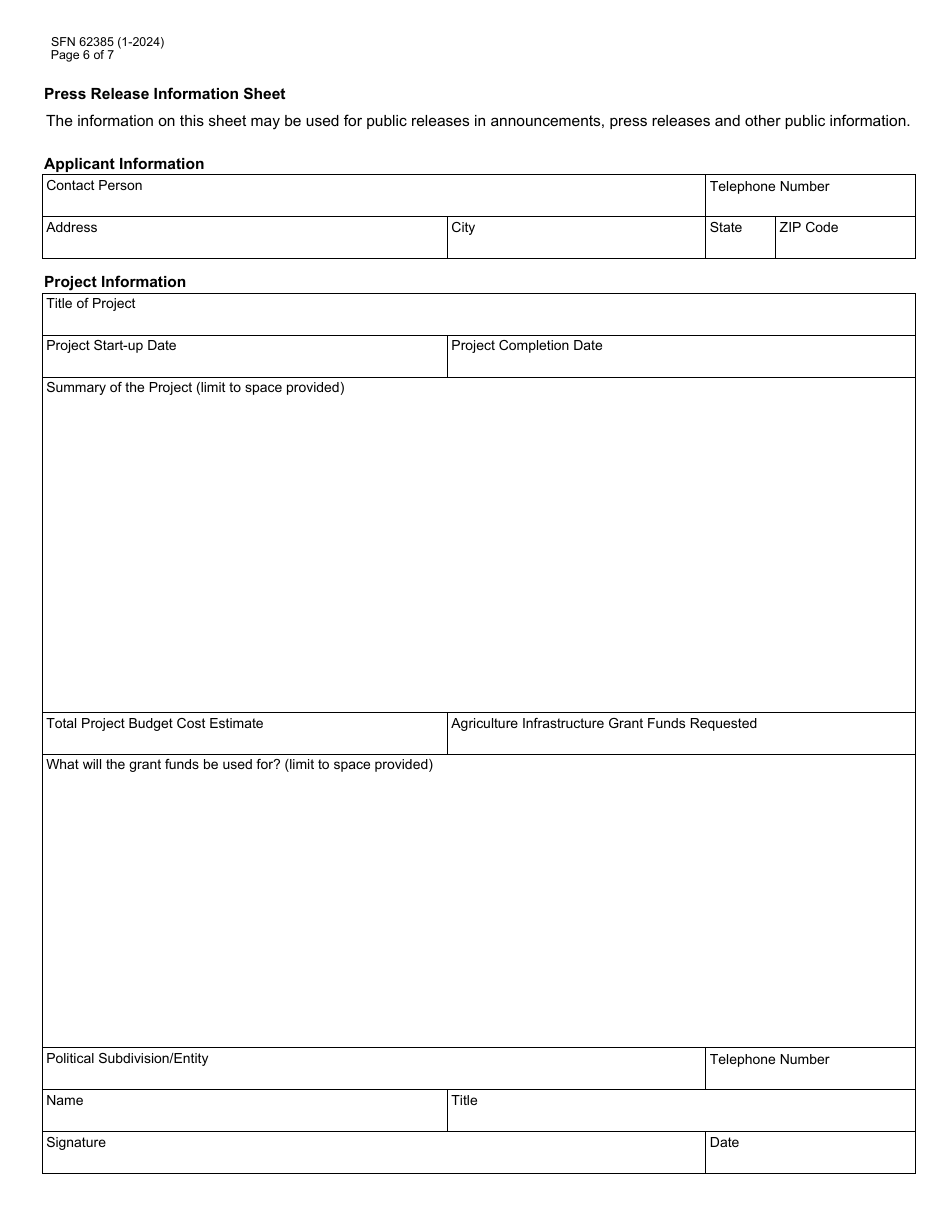 Form SFN62385 Agriculture Infrastructure Grant Application - North Dakota, Page 6