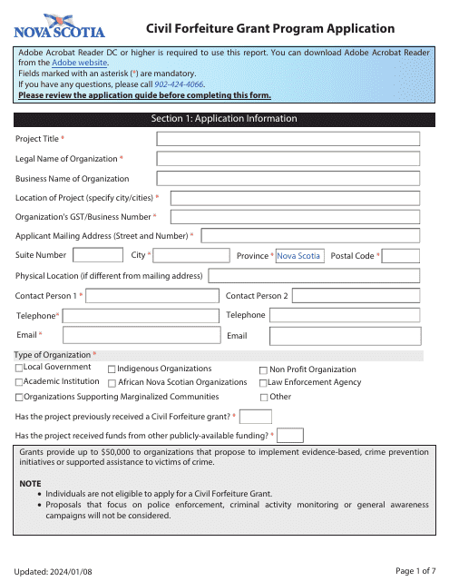 Civil Forfeiture Grant Program Application - Nova Scotia, Canada Download Pdf