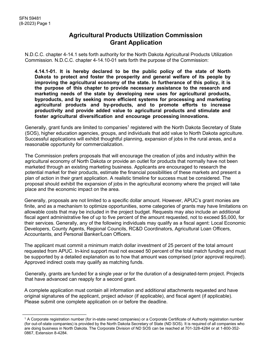 Form SFN59481 Agricultural Products Utilization Commission Grant Application - North Dakota, Page 1