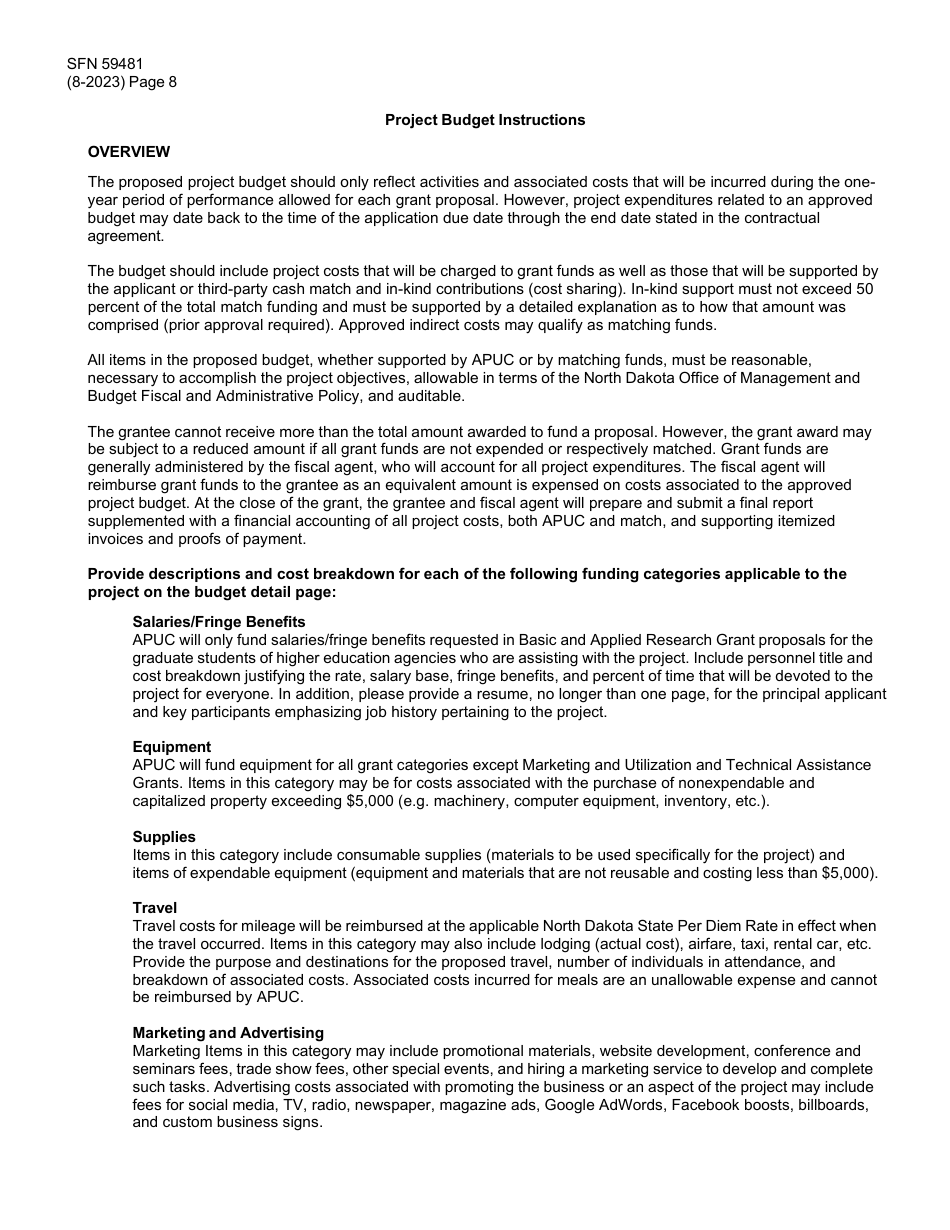 Form SFN59481 Agricultural Products Utilization Commission Grant Application - North Dakota, Page 8