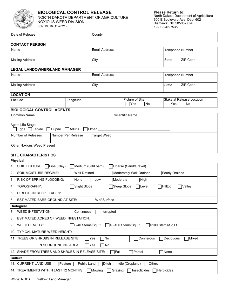 Form SFN19816 Biological Control Release - North Dakota, Page 1