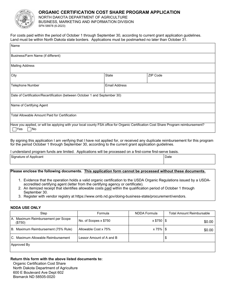 Form SFN58978 Organic Certification Cost Share Program Application - North Dakota, Page 1