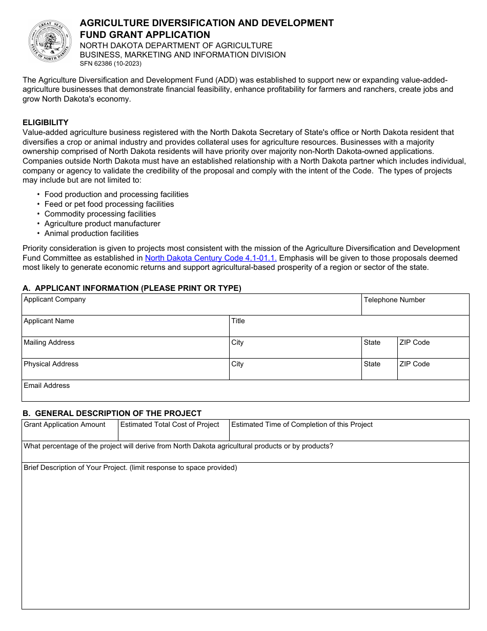 Form SFN62386 Agriculture Diversification and Development Fund Grant Application - North Dakota, Page 1