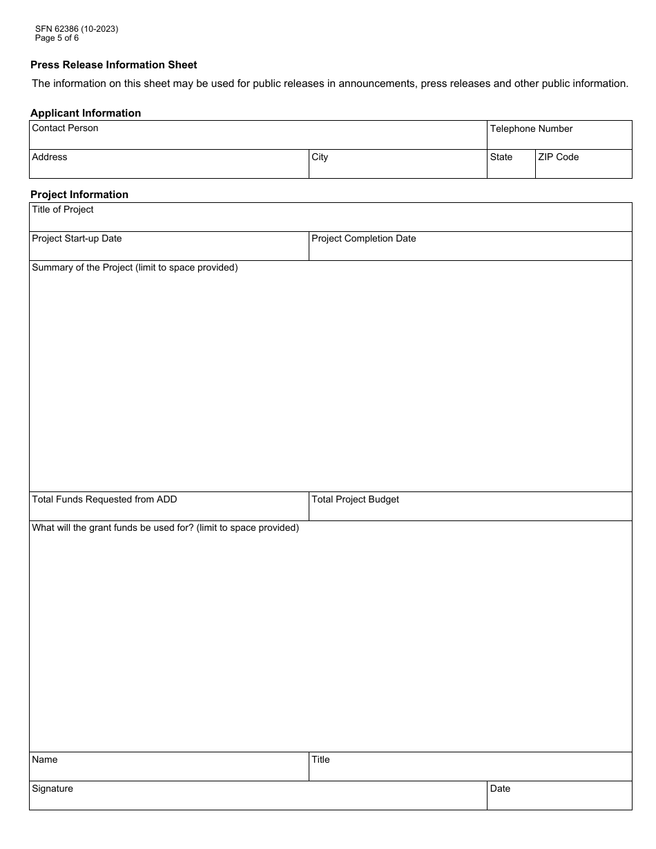 Form SFN62386 Agriculture Diversification and Development Fund Grant Application - North Dakota, Page 5
