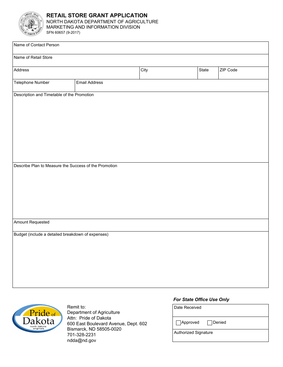 Form SFN60657 Retail Store Grant Application - North Dakota, Page 1