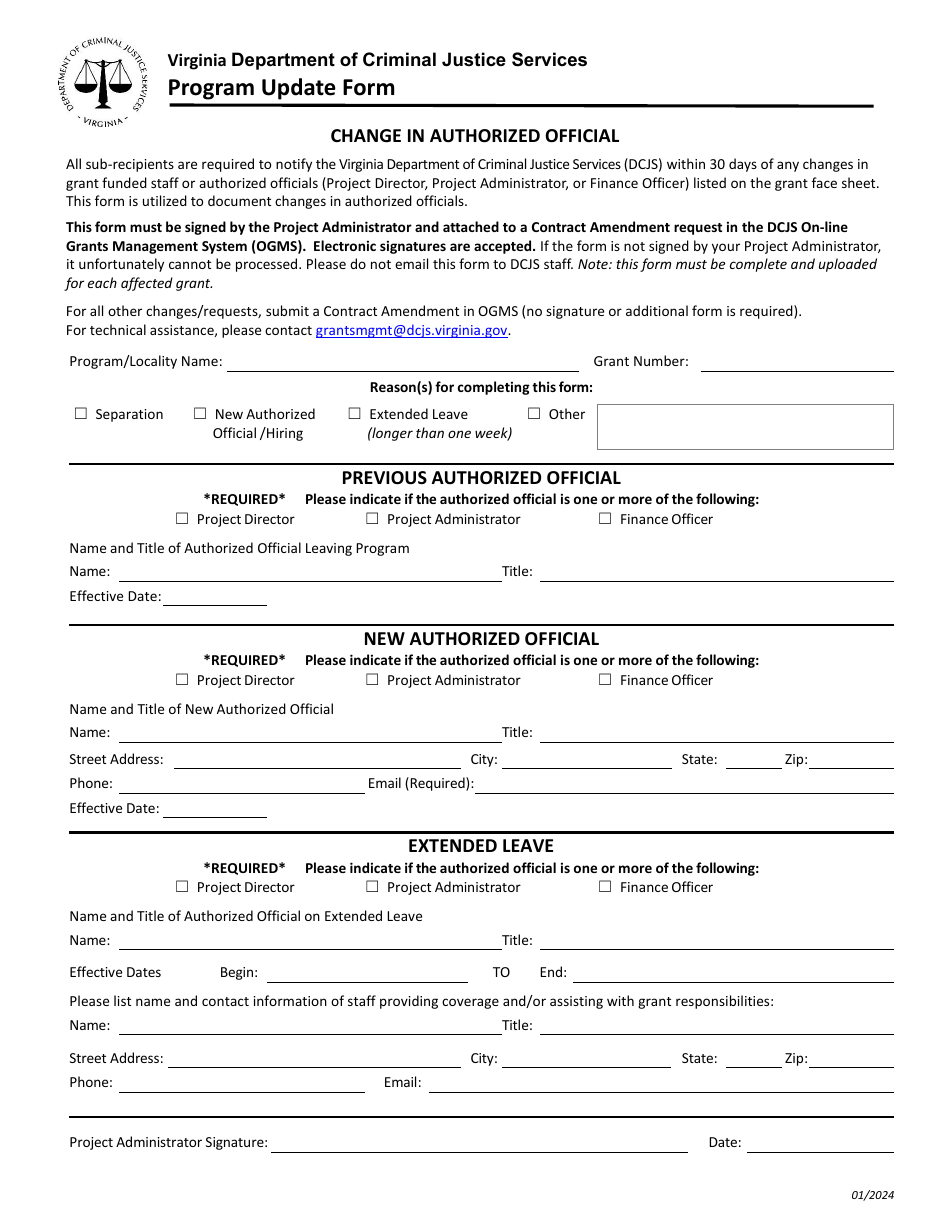 Program Update Form - Change in Authorized Official - Virginia, Page 1