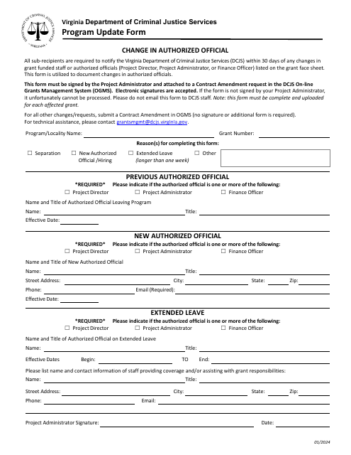 Program Update Form - Change in Authorized Official - Virginia