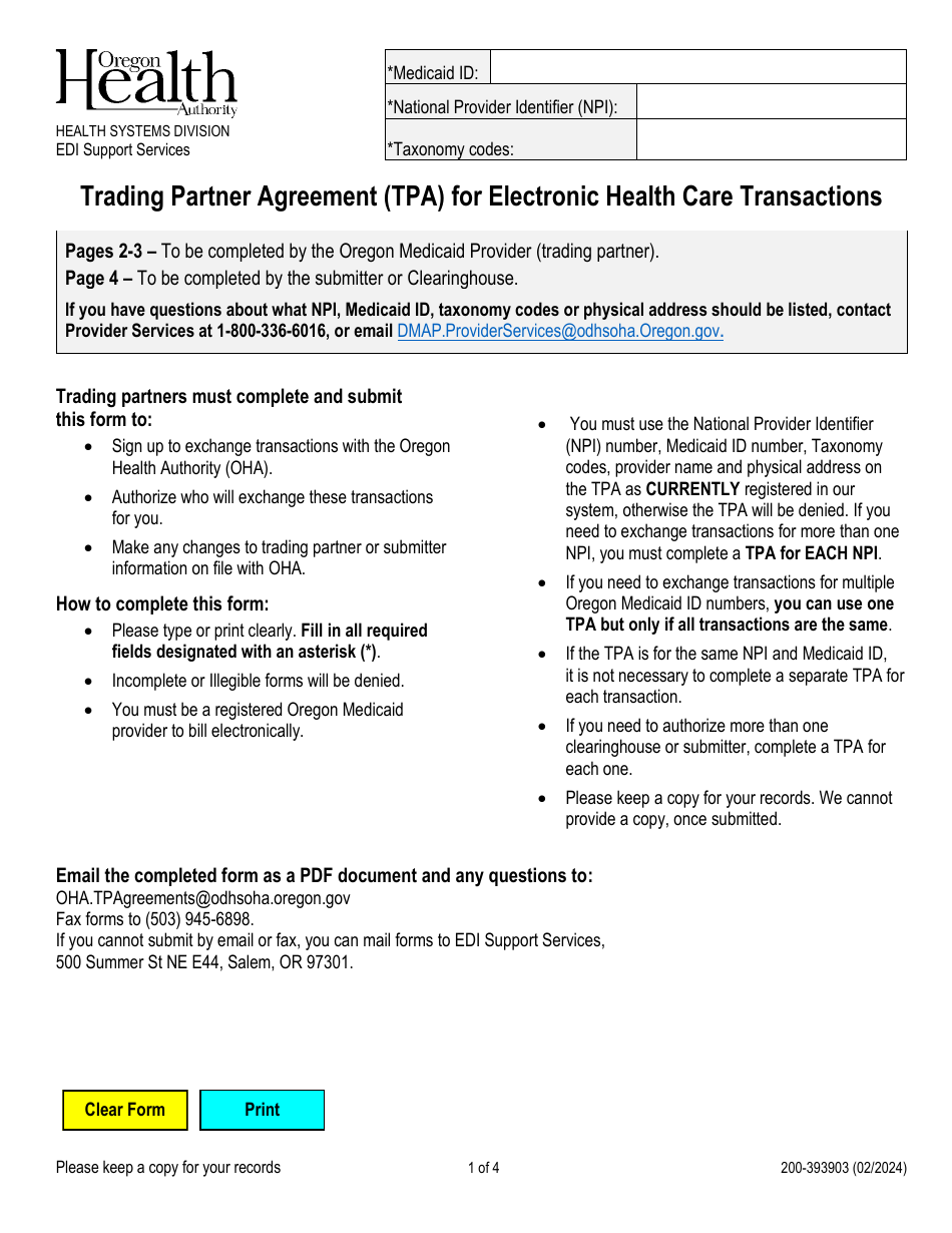 Form 200-393903 Trading Partner Agreement (Tpa) for Electronic Health Care Transactions - Oregon, Page 1