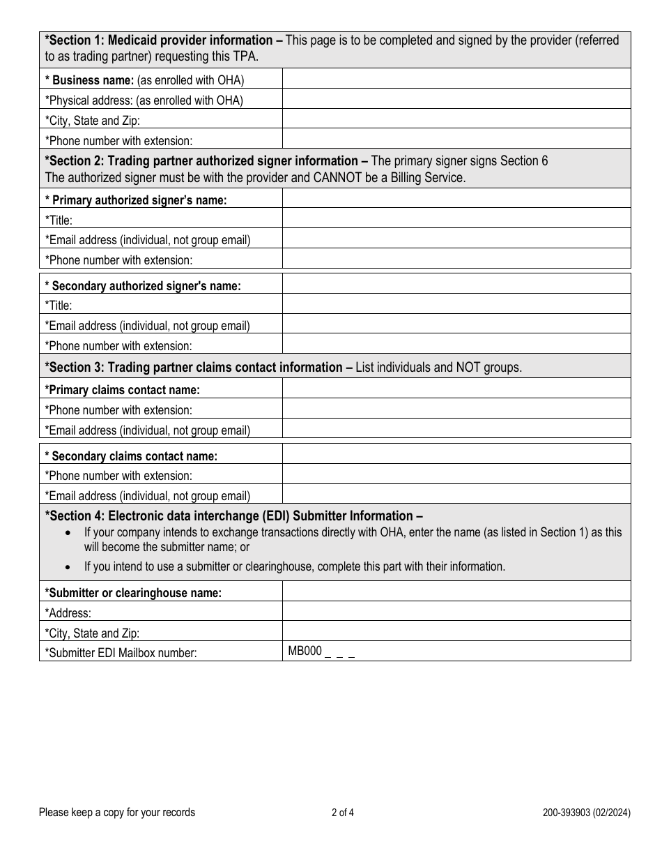 Form 200-393903 Trading Partner Agreement (Tpa) for Electronic Health Care Transactions - Oregon, Page 2