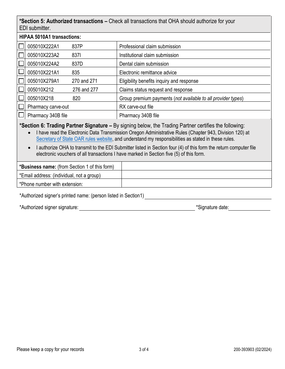 Form 200-393903 Trading Partner Agreement (Tpa) for Electronic Health Care Transactions - Oregon, Page 3