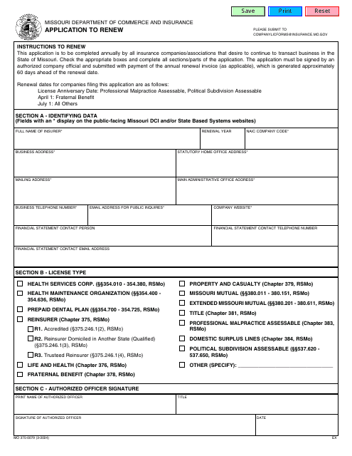 Form MO375-0079 Application to Renew - Missouri