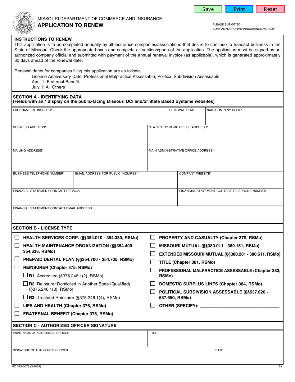 Form MO375-0079 Application to Renew - Missouri, Page 1