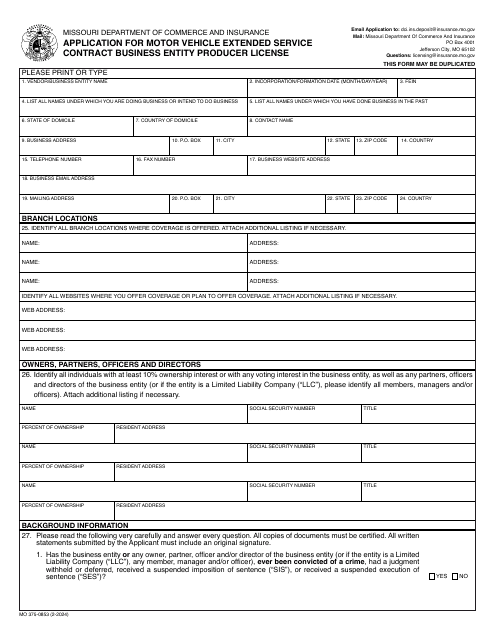 Form MO375-0853 Application for Motor Vehicle Extended Service Contract Business Entity Producer License - Missouri