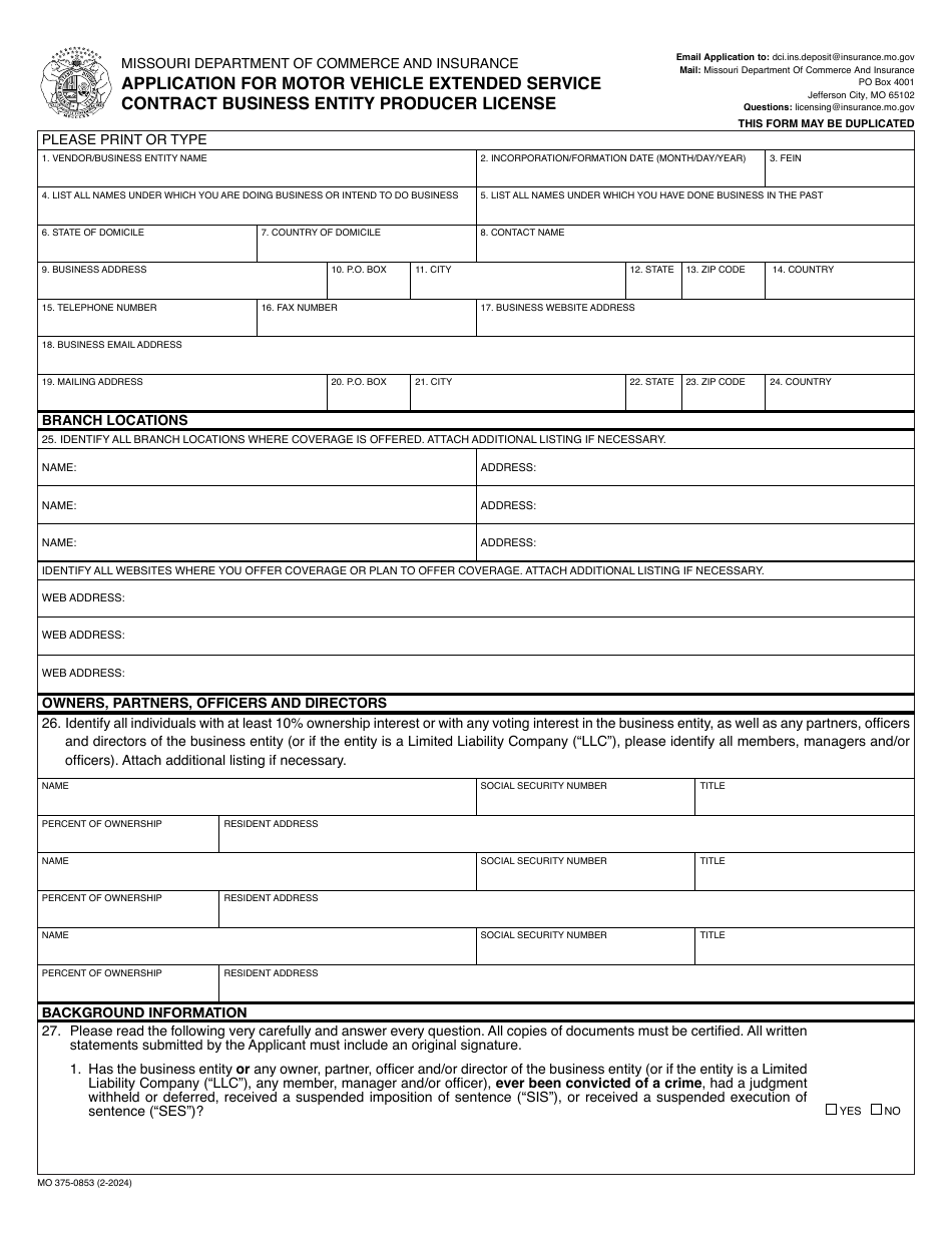 Form MO375-0853 Application for Motor Vehicle Extended Service Contract Business Entity Producer License - Missouri, Page 1