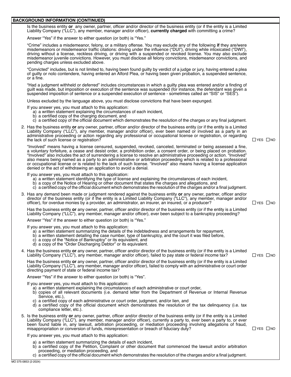 Form MO375-0853 Application for Motor Vehicle Extended Service Contract Business Entity Producer License - Missouri, Page 2