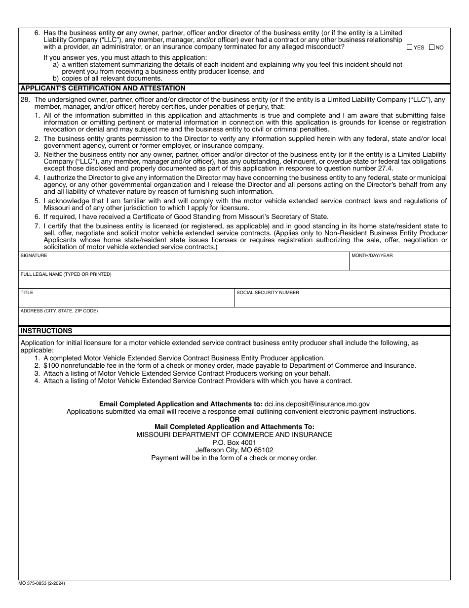 Form MO375-0853 Application for Motor Vehicle Extended Service Contract Business Entity Producer License - Missouri, Page 3