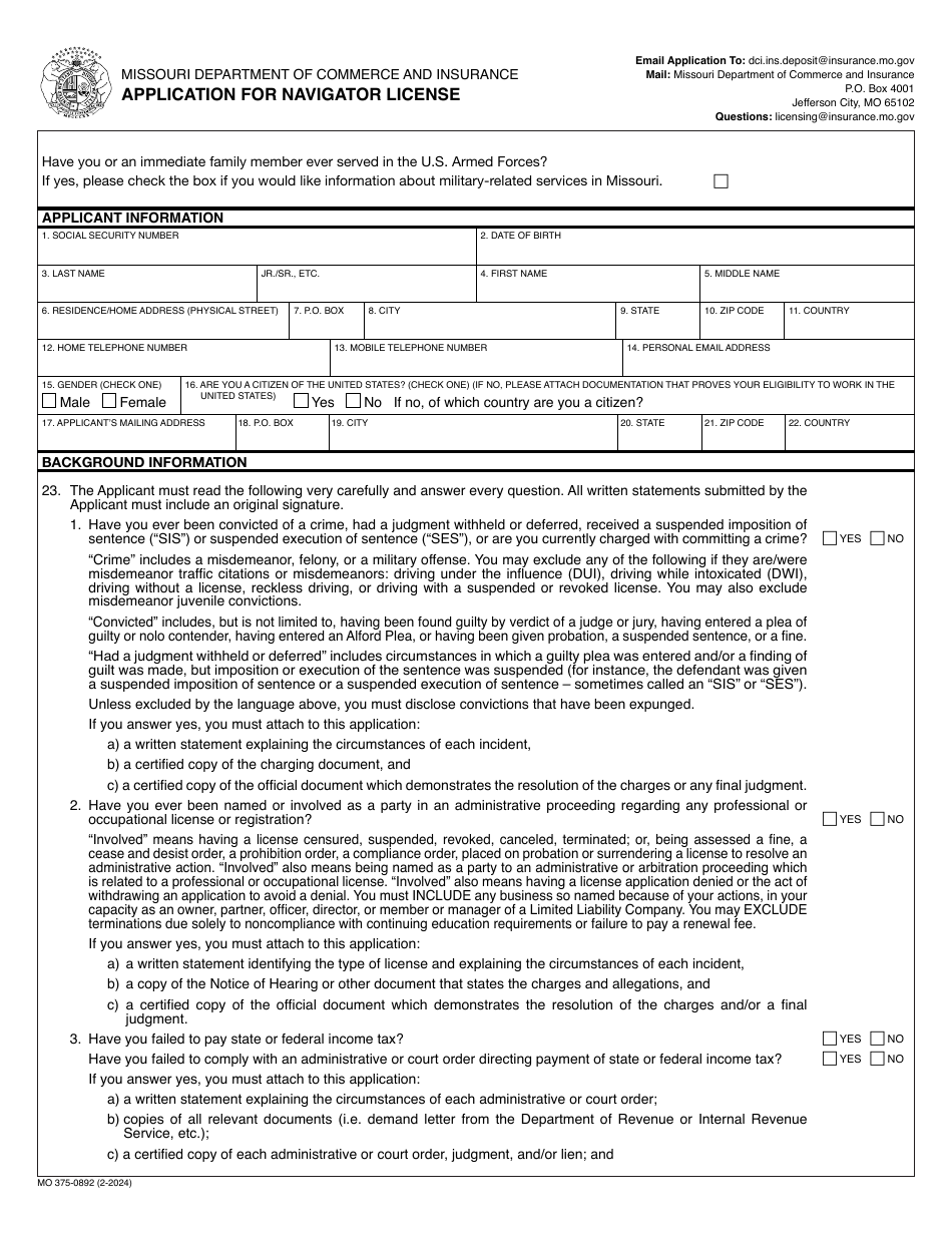 Form MO375-0892 Application for Navigator License - Missouri, Page 1