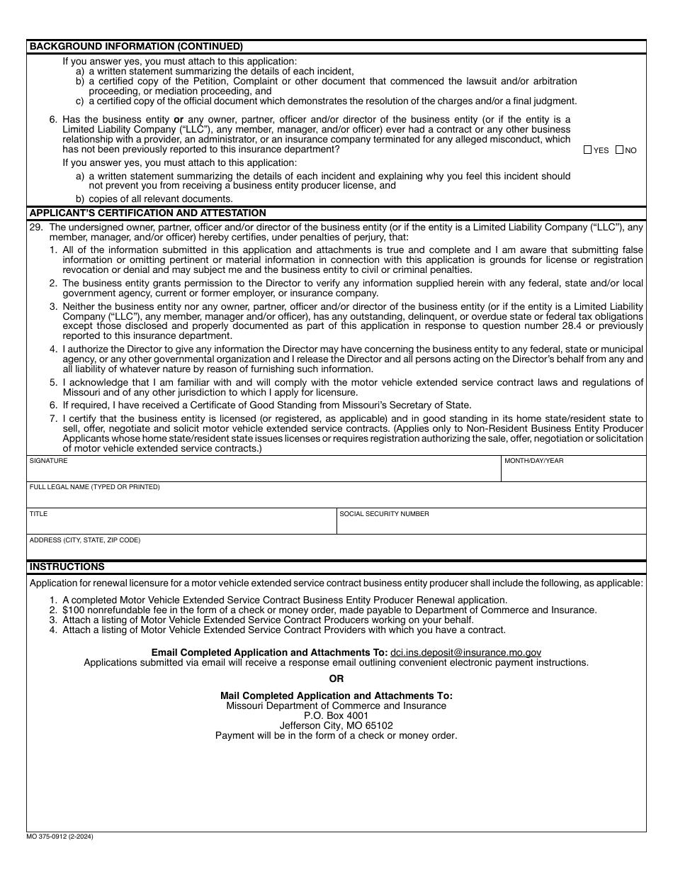 Form MO375-0912 Application for Motor Vehicle Extended Service Contract Business Entity Producer License Renewal - Missouri, Page 3