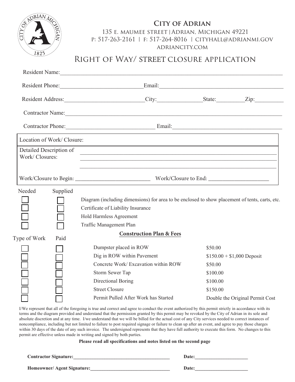 Right of Way / Street Closure Application - City of Adrian, Michigan, Page 1