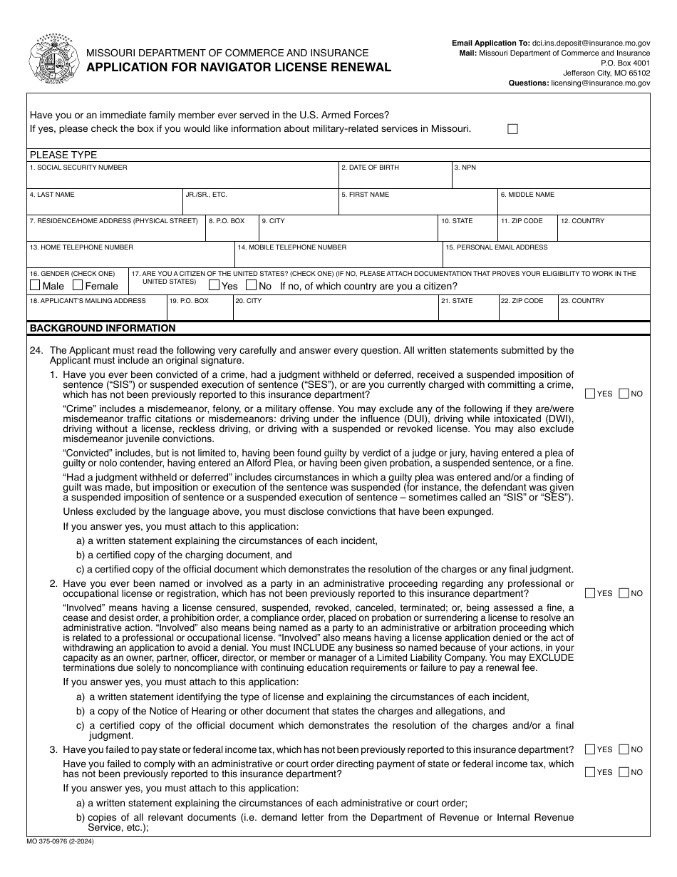 Form MO375-0976 Application for Navigator License Renewal - Missouri, Page 1