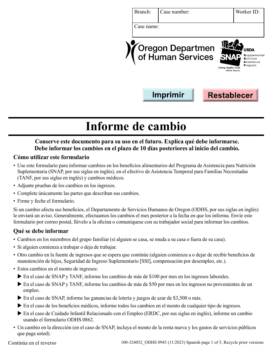 Formulario DHS0943 Informe De Cambio - Oregon (Spanish), Page 1