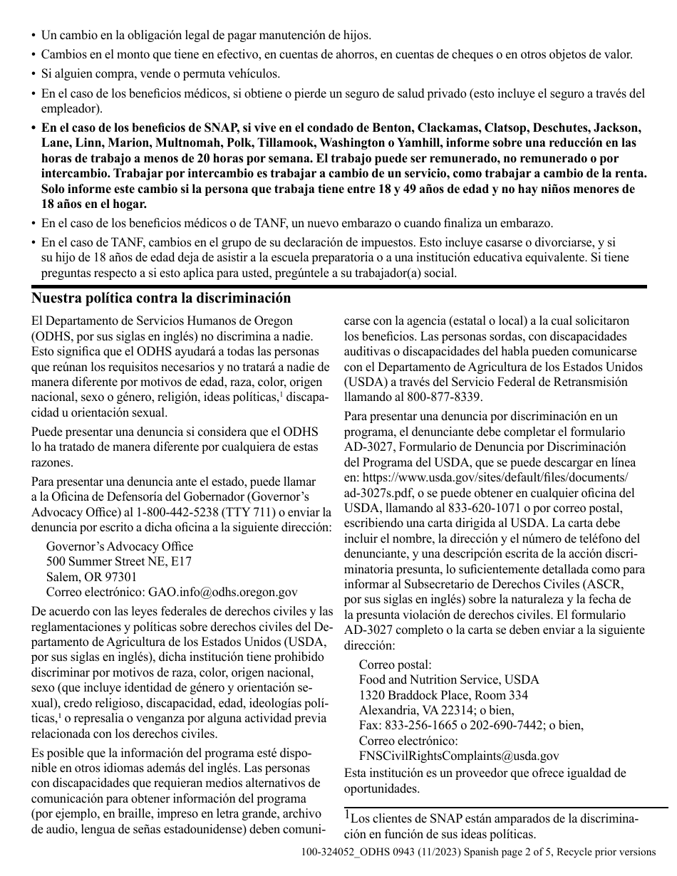 Formulario DHS0943 Informe De Cambio - Oregon (Spanish), Page 2