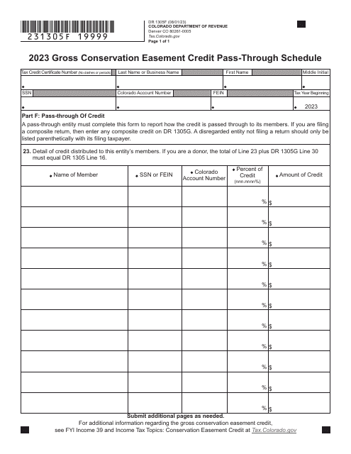 Form DR1305F Gross Conservation Easement Credit Pass-Through Schedule - Colorado, 2023