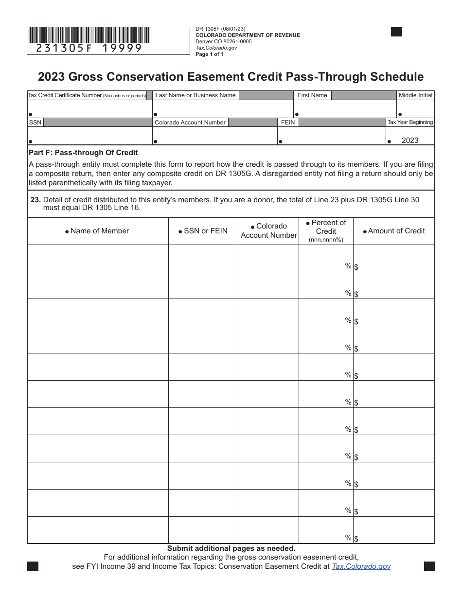 Form DR1305F Gross Conservation Easement Credit Pass-Through Schedule - Colorado, Page 1