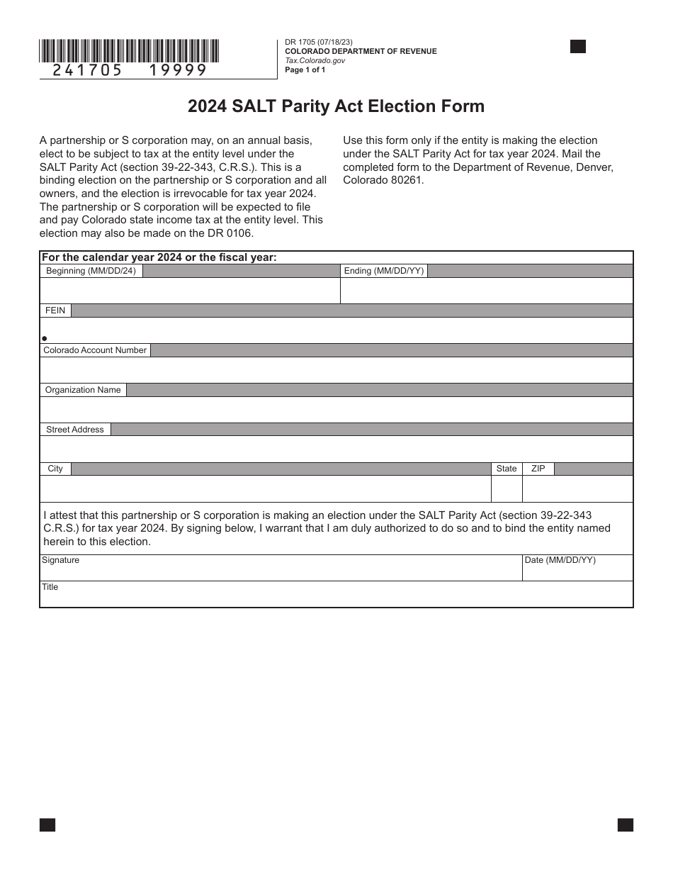 Form DR1705 Salt Parity Act Election Form - Colorado, Page 1