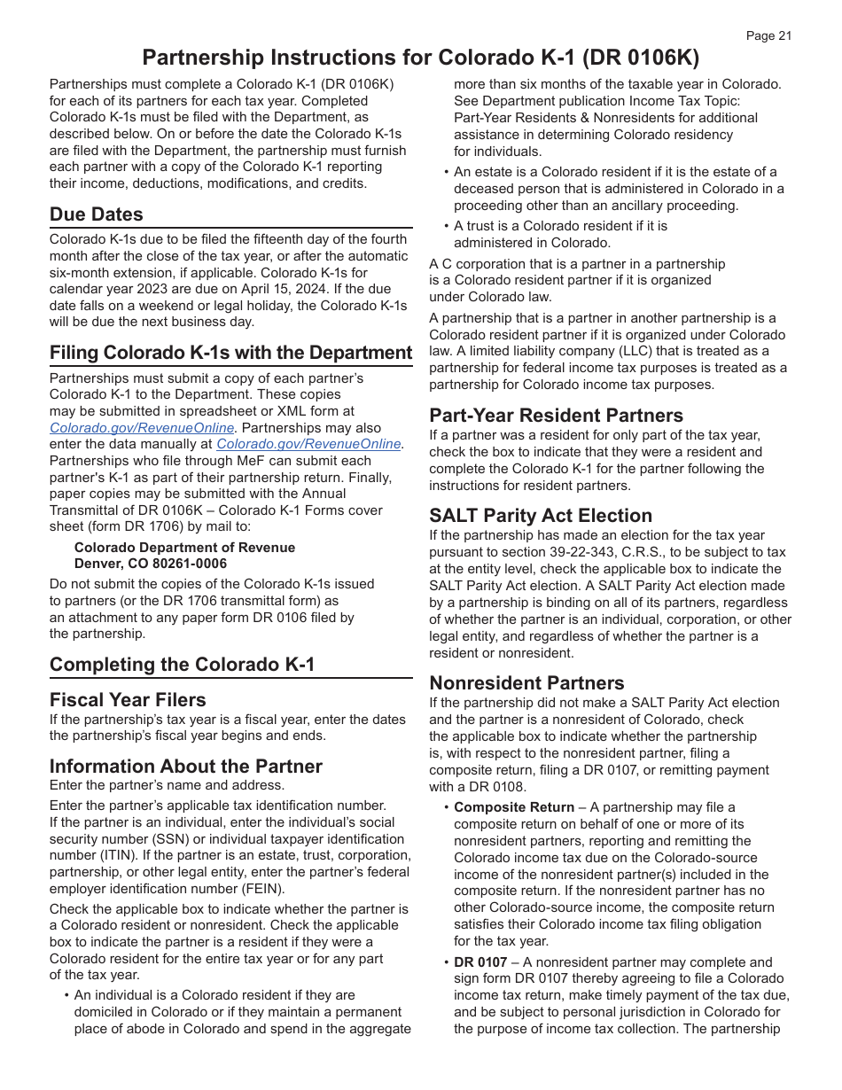 Form DR0106K Colorado K-1 - Colorado, Page 1