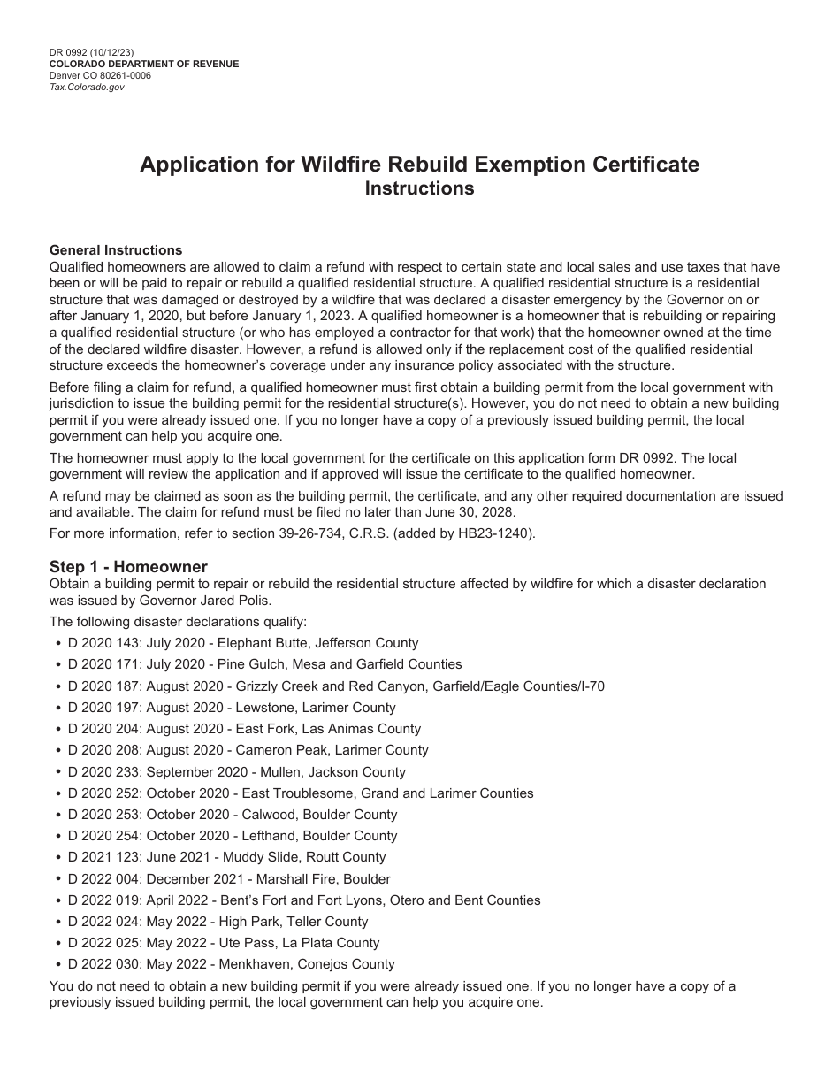 Form DR0992 Application for Wildfire Rebuild Exemption Certificate - Colorado, Page 1