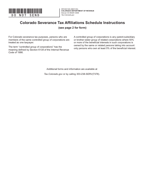 Form DR0021AS Colorado Severance Tax Affiliations Schedule - Colorado, 2023
