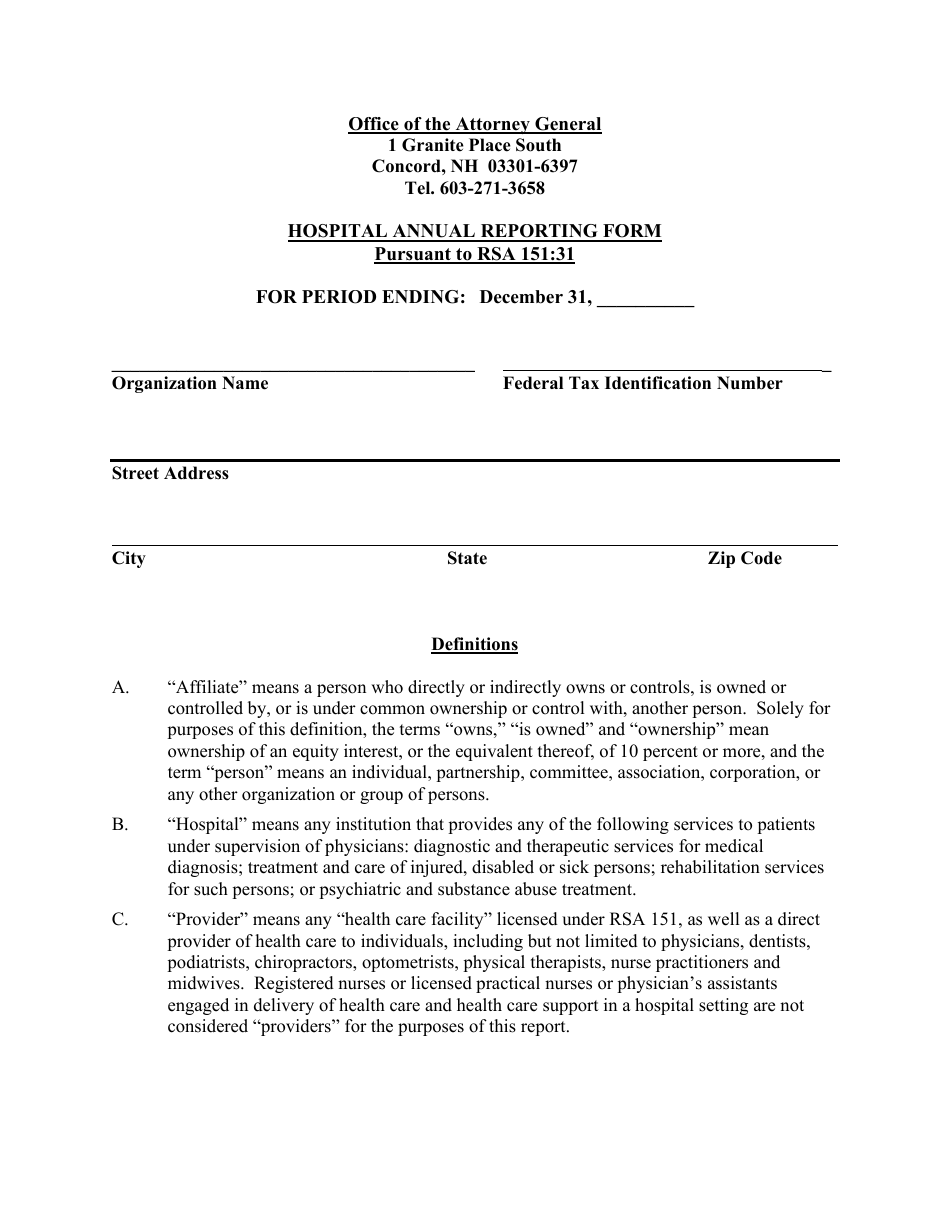 Hospital Annual Reporting Form - New Hampshire, Page 1