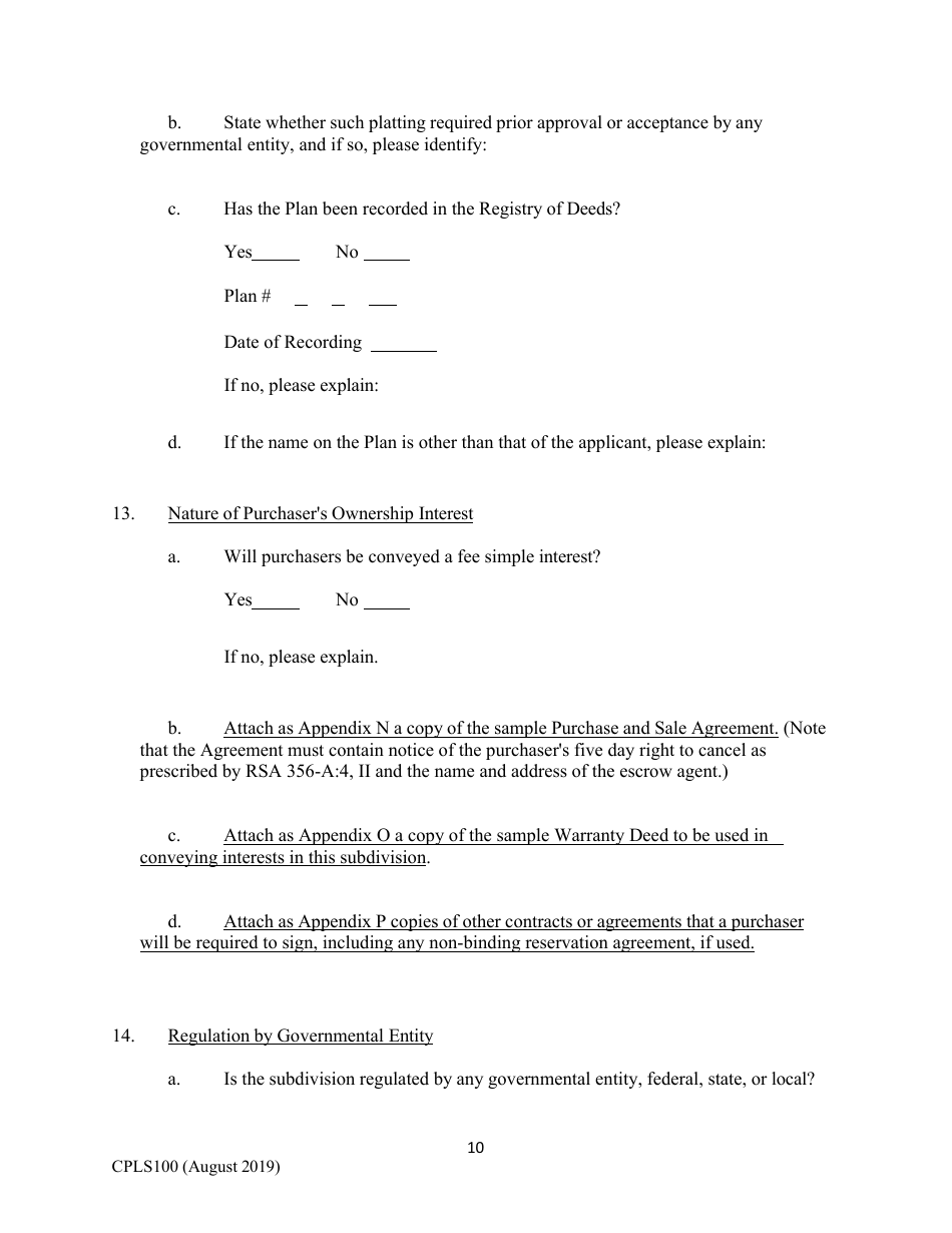 Form CPLS100 Comprehensive Application for Registration - Land Sales Full Disclosure Act - New Hampshire, Page 10