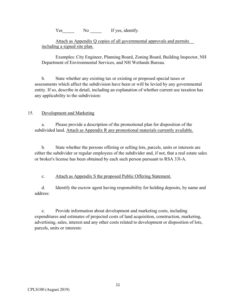 Form CPLS100 Comprehensive Application for Registration - Land Sales Full Disclosure Act - New Hampshire, Page 11