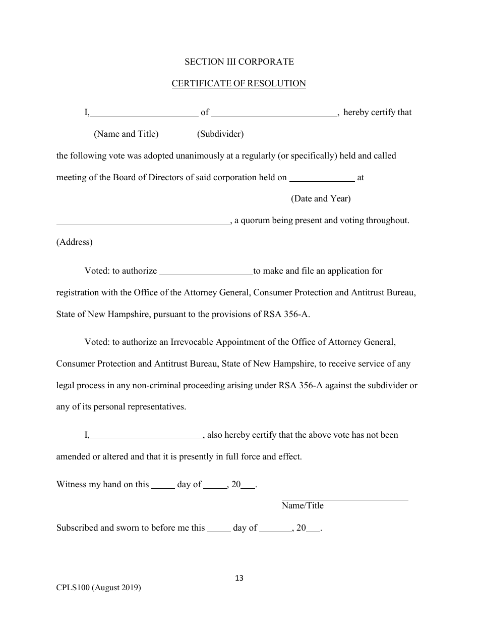 Form CPLS100 Comprehensive Application for Registration - Land Sales Full Disclosure Act - New Hampshire, Page 13