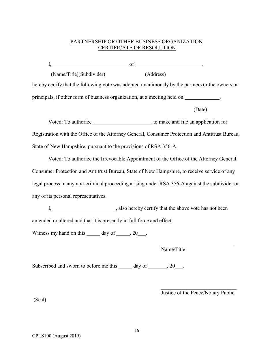 Form CPLS100 Comprehensive Application for Registration - Land Sales Full Disclosure Act - New Hampshire, Page 15