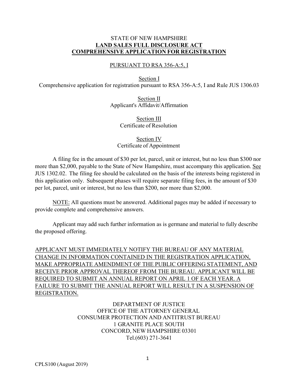 Form CPLS100 Comprehensive Application for Registration - Land Sales Full Disclosure Act - New Hampshire, Page 1