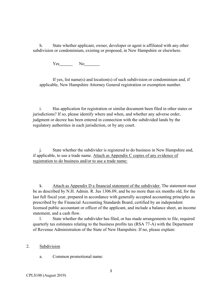 Form CPLS100 Comprehensive Application for Registration - Land Sales Full Disclosure Act - New Hampshire, Page 3